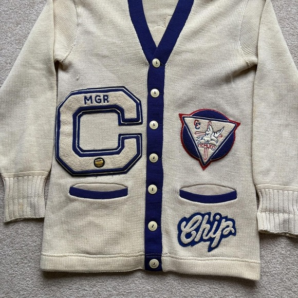 Vintage Falcons Letterman Sweater Mens Medium Cardigan Blue Chenille Patches 60s - Picture 8 of 16